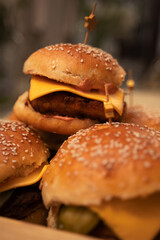 Homemade cheeseburgers on a wooden tray. A custom homemade dish. Large meat patties with buns sprinkled with sesame seeds. Slightly greedy. Burgers in close-up.