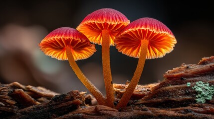 Vibrant group of red orange mushrooms growing on forest floor