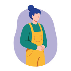 Professional woman in yellow overalls with blue bun hair flat vector design