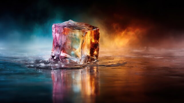 An artistic representation of a melting ice cube with vibrant colors and reflections, creating an enchanting visual experience that stimulates the imagination and senses.