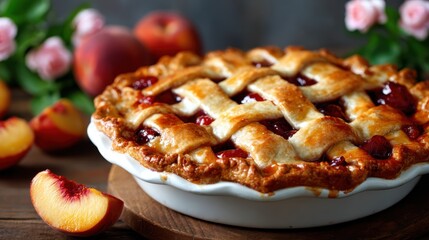 This stunning pie showcases a beautiful lattice crust filled with juicy peaches and cherries, perfect for any gathering or special occasion, enticing everyone at the table.