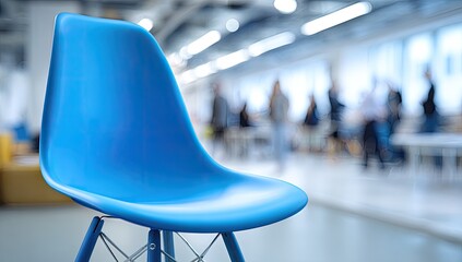 A striking blue chair is the focal point, set against a blurred, bustling interior scene