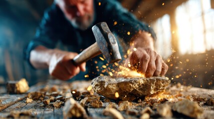 A skilled craftsman uses a hammer to chisel stone, creating sparks that highlight the meticulous artistry and dedication required in stone carving amidst a rustic workshop.
