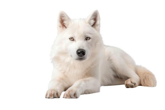 A serene white Samoyed dog lies gracefully, showcasing its fluffy coat and expressive eyes, perfect for pet lovers and animal enthusiasts.