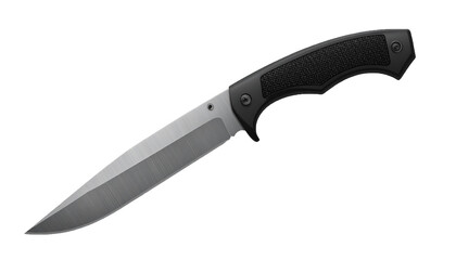 Modern Tactical Folding Knife with Black Handle and Sharp Stainless Steel Blade on Transparent Background
