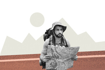 Composite collage picture image of young man traveler trekking hold map search way bizarre...