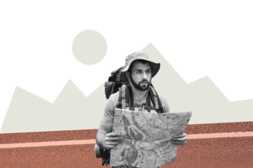 Composite collage picture image of young man traveler trekking hold map search way bizarre unusual fantasy billboard comics