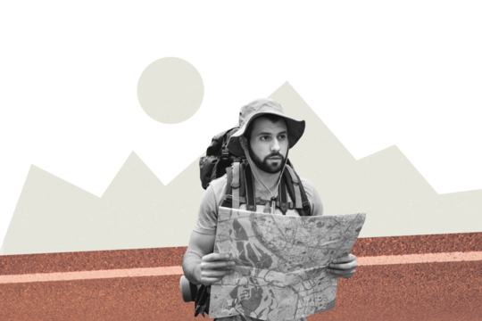 Composite collage picture image of young man traveler trekking hold map search way bizarre unusual fantasy billboard comics