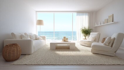 Fototapeta premium Bright and airy interior with ocean view modern living room day light