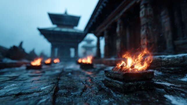 An atmospheric landscape of an ancient temple site, adorned with flickering fire offerings against a misty backdrop, creating an aura of reverence and tranquility in a cultural setting.
