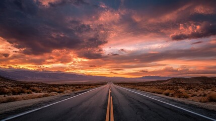 Naklejka premium Sunset road through desert landscape