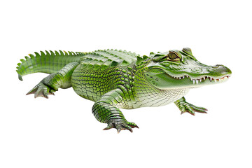 Obraz premium A vibrant green crocodile resting on its belly, showcasing the unique textures and features of its skin.