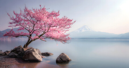 The Golden hour in summercherry blossom on the rock in the middle of lake in springs In the background is the clear crystal lake in front of the majestic Mountain Fuji with Sunset mountain range