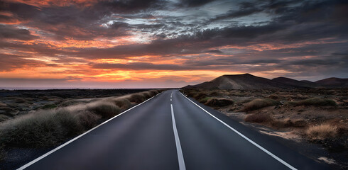 The Golden hour in summer.to unexplored road journeys and adventures. Road through the scenic Sunset landscape to the destination in  natural park Amazing panorama.