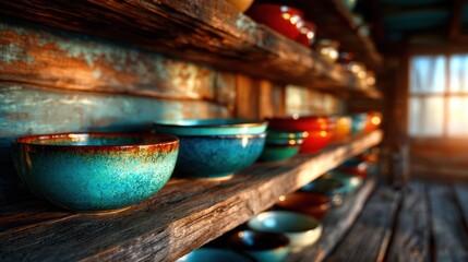 An array of beautifully crafted pottery bowls in various colors lined up on a rustic wooden shelf, showcasing artistic craftsmanship and inviting a sense of warmth and homeliness.