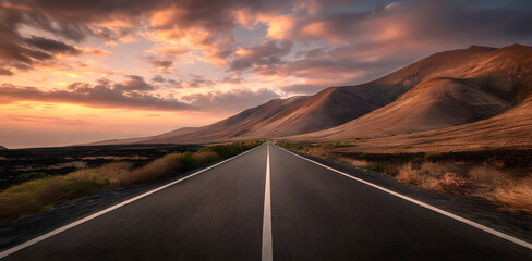 The Golden hour in summer.to unexplored road journeys and adventures. Road through the scenic Sunset landscape to the destination in  natural park Amazing panorama.