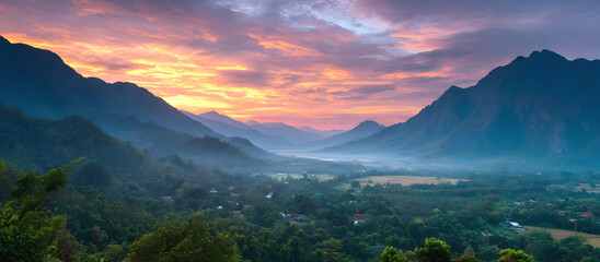 The Mountain peak at golden hour in summer. The long exposure captures  Mountain landscape at sunset Panoloma view.