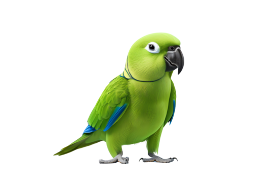 A vibrant green parrot with striking blue accents, exuding a playful and lively personality in a colorful setting.