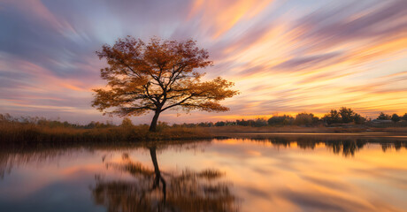 The Golden hour in summer standalone maple tree in Sunset serene lake in autumn.of falling leaves from the maple tree.