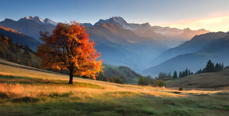 The Golden hour in autumn landscape with standalone orange leaves tree, green meadow and blue mountains panorama background.