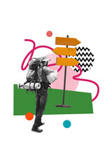 Vertical photo collage of happy man hiker carry backpack camp tourist lost map road sign direction refugee isolated on painted background