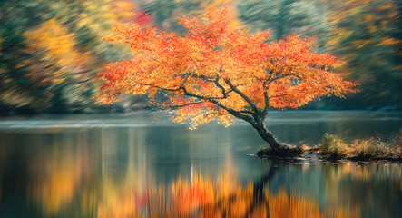 The Golden hour in summer standalone maple tree in Sunset serene lake in autumn.of falling leaves from the maple tree.