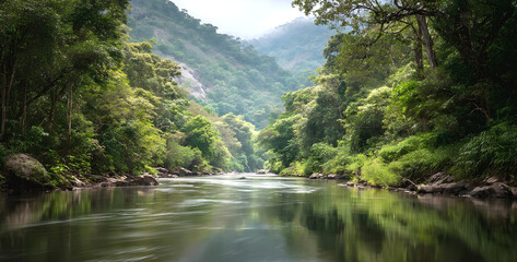 Boat unexplored river journeys and adventures.River through the scenic landscape to the destination in forest natural park.