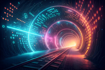 Obraz premium Dynamic Neon Tunnel with Railway: Futuristic Connectivity