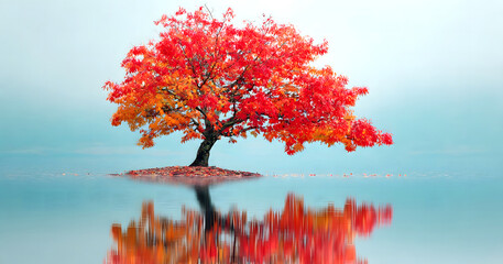 The Golden hour in summer standalone maple tree in Sunset serene lake in autumn.of falling leaves from the maple tree.