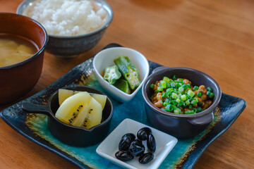 Healthy Japanese breakfast with natto and miso soup