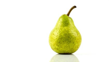 A single pear stands in sharp focus against a clean white background. The ripe fruit shows a vibrant green color with a slight yellowish gradient
