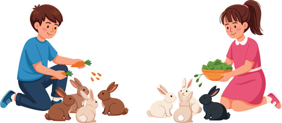 Cartoon Children Feeding Rabbits – Vector Illustration of Pet Care, Kindness, and Gentle Interaction Between Kids and Animals in Springtime
