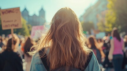 A woman with long, wavy hair stands in a crowd, holding a sign that reads 'Women's March'. The scene is set in a city street with buildings and trees in the background.