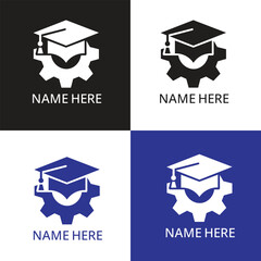 Education and Engineering Logo Design. Graduation Cap with Gear Symbol for Technical School or Training Center.