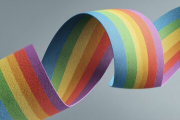 Close-up of a colorful ribbon swirled against a solid light gray backdrop