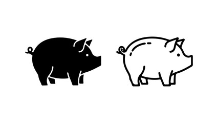 Pig icons with outline and solid fill with transparent background