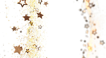 Beautiful golden stars confetti background on white. Perfect for holiday, Christmas, New Year, celebration, birthday, wedding, or any festive de