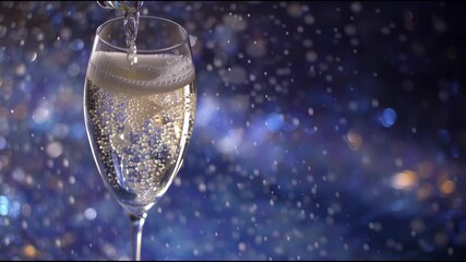 Bubbling Delight: Close-up of sparkling champagne pouring into a tall elegant glass, with effervescent bubbles dancing against a blurred, atmospheric backdrop. - Powered by Adobe