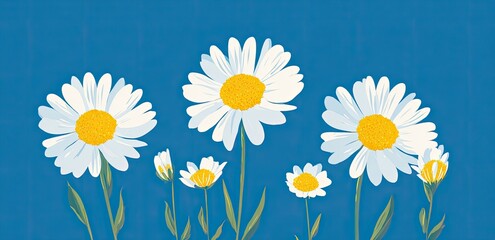 An illustration of white daisies with yellow centers and green stems set against a blue background