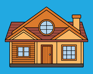 Home Sweet Structure — A Whimsical Cartoon House with Symmetry, Warm Colors, and Architectural Charm on a Bold Blue Backdrop