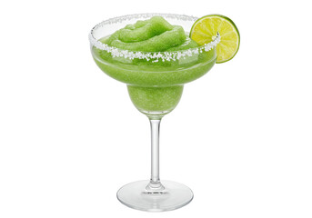 Isolated frozen lime margarita cocktail drink with sugared rim and slice garnish, clear glass