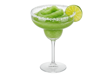 Isolated frozen lime margarita cocktail drink with sugared rim and slice garnish, clear glass