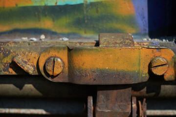 Paint on rusty metal. Rough style, background image. Railway, graffiti.