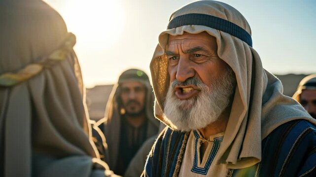 Elderly man speaking, then reflecting, and finally listening in biblical times setting, ancient israelite footage