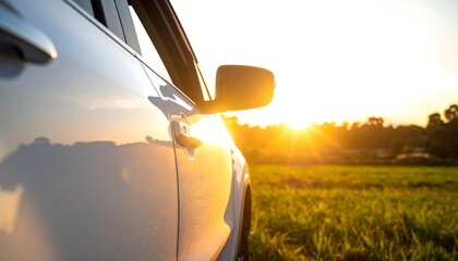 A side view of a white vehicle catches the warm light of the setting sun. The door handle, mirror, and window reflect the golden glow