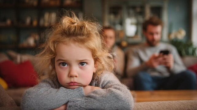 A child with a pout in home: A child, with a pout, displays emotion with arms crossed in the home setting, while the family is at the background, feeling a mixed state of feeling.
