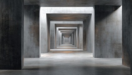 A stark concrete corridor recedes towards a bright opening, geometric and minimalist