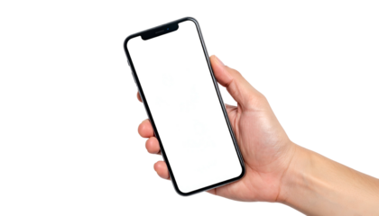 A hand holds a smartphone with a blank white screen against a black background
