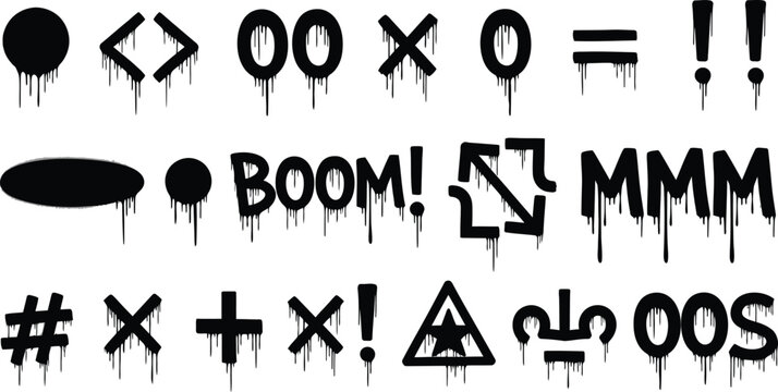 Graffiti Style Symbols Letters Black Font with Dripping Paint Effects Isolated