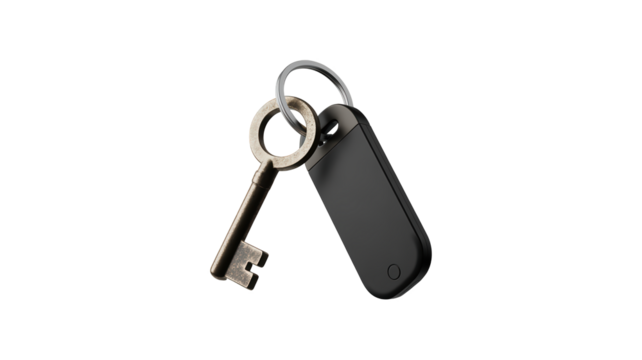 Vintage key and modern car key fob on a keyring concept